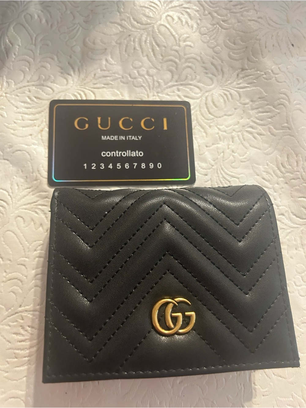 Gucci Black Chevron Leather Card Holder with Gold Double G